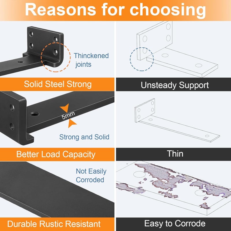 Aunulahca Floating Shelf Brackets 12 inch 6 Pack L Brackets for Shelves Black Metal Heavy Duty Shelf Bracket for DIY Decorative with Mounting Hardware - Image 3